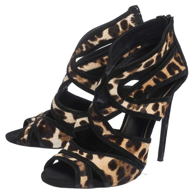Pre Owned Dolce & Gabbana Leopard Print Pony Hair And Suede Leather Trim Cut Out Gladiator Sandals Size 39