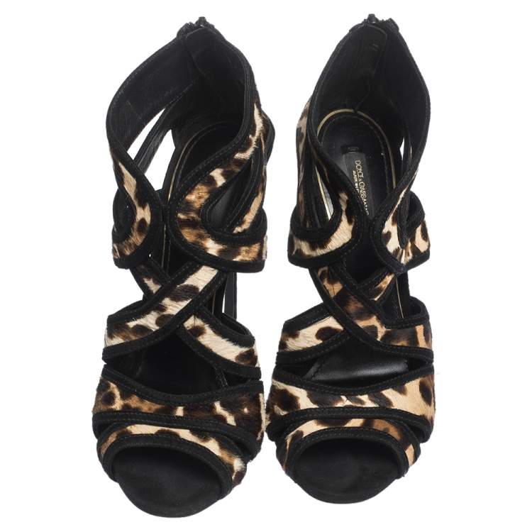 Pre Owned Dolce & Gabbana Leopard Print Pony Hair And Suede Leather Trim Cut Out Gladiator Sandals Size 39