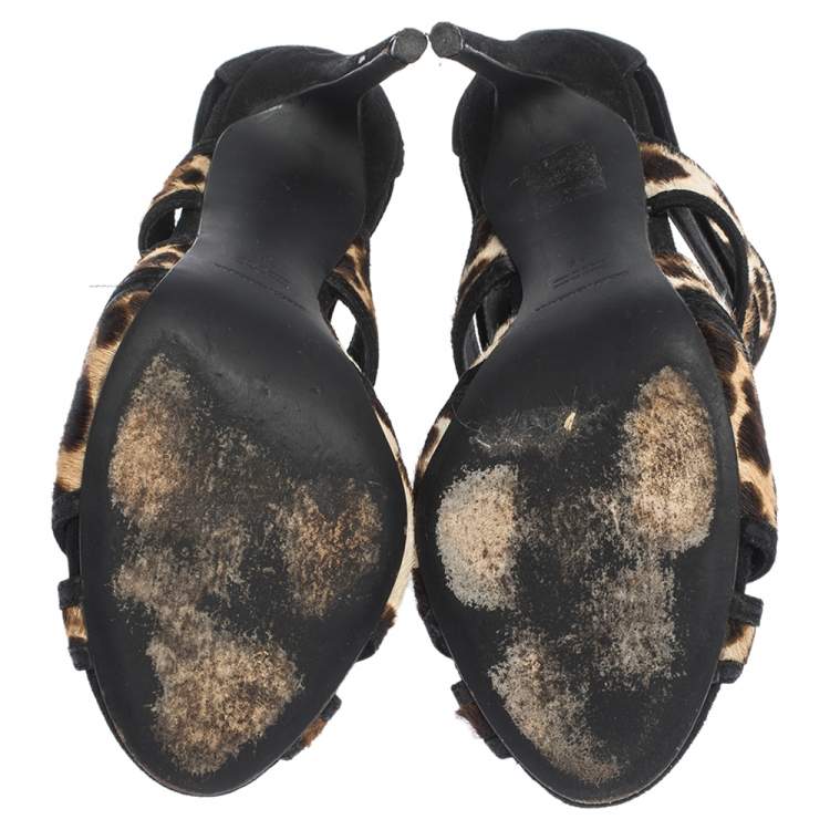 Pre Owned Dolce & Gabbana Leopard Print Pony Hair And Suede Leather Trim Cut Out Gladiator Sandals Size 39