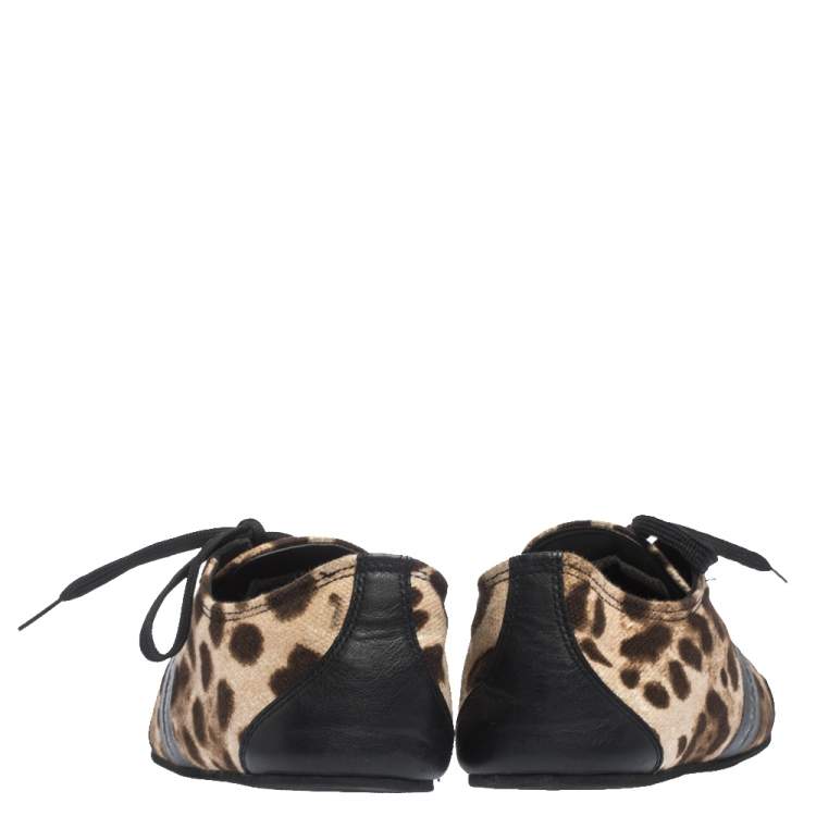 Pre Owned Dolce & Gabbana Brown Leopard Print Canvas And Black Leather Lace Up Sneakers Size 38