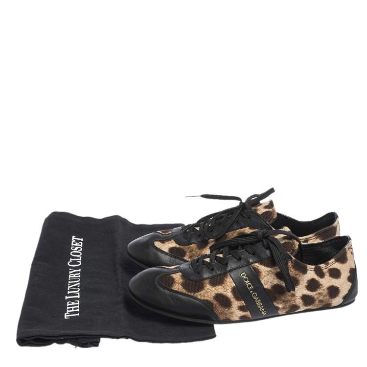 Pre Owned Dolce & Gabbana Brown Leopard Print Canvas And Black Leather Lace Up Sneakers Size 38