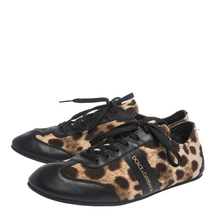 Pre Owned Dolce & Gabbana Brown Leopard Print Canvas And Black Leather Lace Up Sneakers Size 38