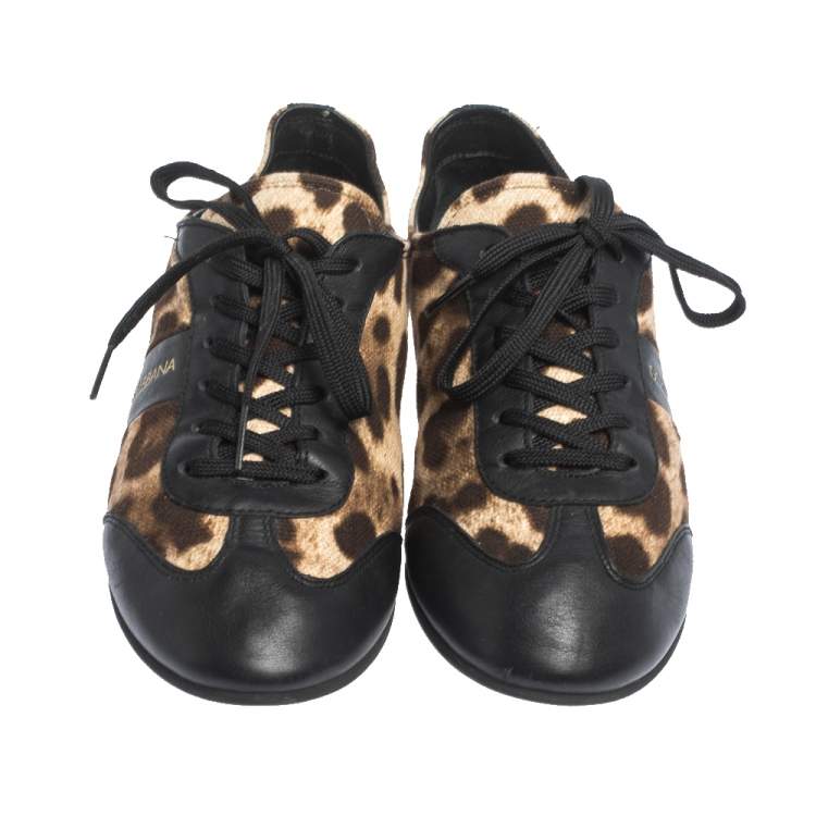 Pre Owned Dolce & Gabbana Brown Leopard Print Canvas And Black Leather Lace Up Sneakers Size 38