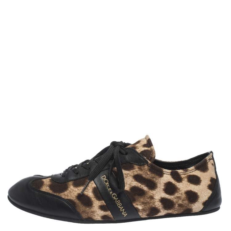 Pre Owned Dolce & Gabbana Brown Leopard Print Canvas And Black Leather Lace Up Sneakers Size 38