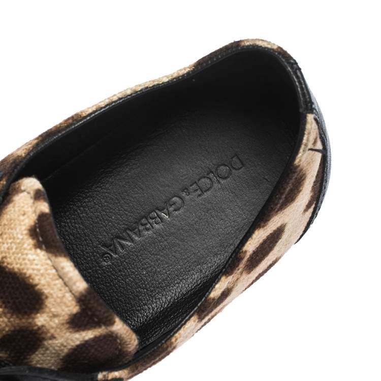 Pre Owned Dolce & Gabbana Brown Leopard Print Canvas And Black Leather Lace Up Sneakers Size 38