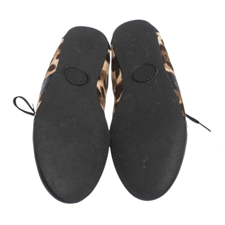 Pre Owned Dolce & Gabbana Brown Leopard Print Canvas And Black Leather Lace Up Sneakers Size 38