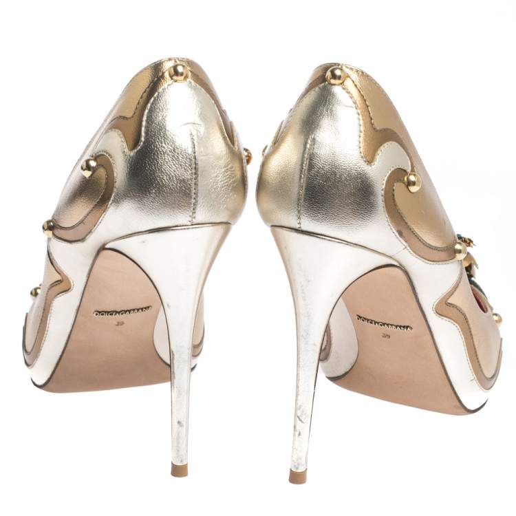 Pre Owned Dolce & Gabbana Metallic Gold/Silver Leather Metal Flower And Stud Embellished Pointed Toe Pumps Size 39
