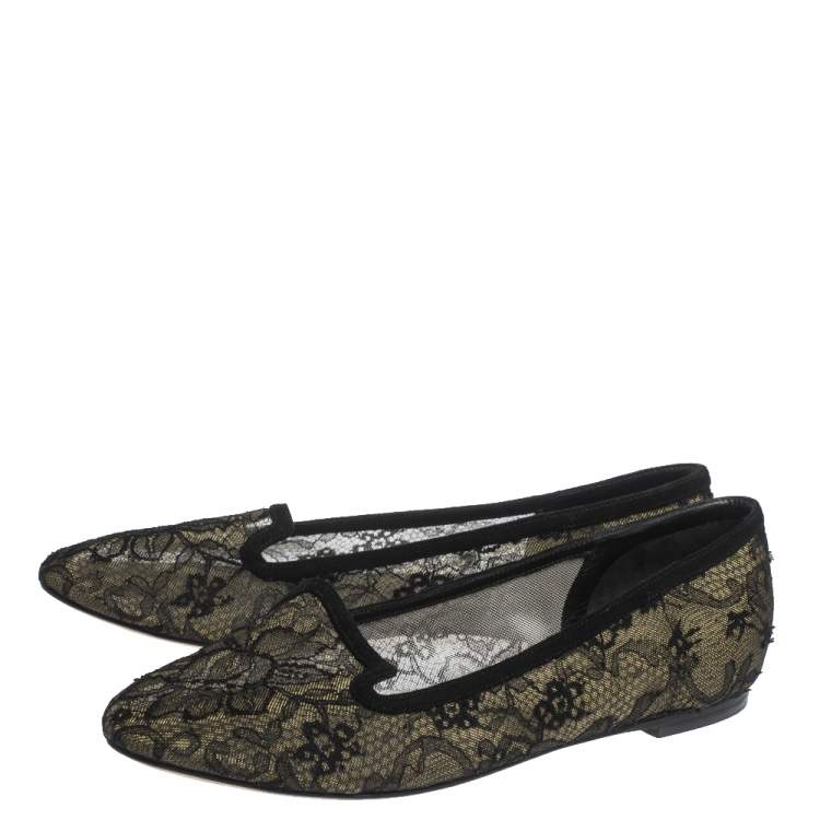 Pre Owned Dolce & Gabbana Black Lace And Suede Trim Ballet Flats Size 39