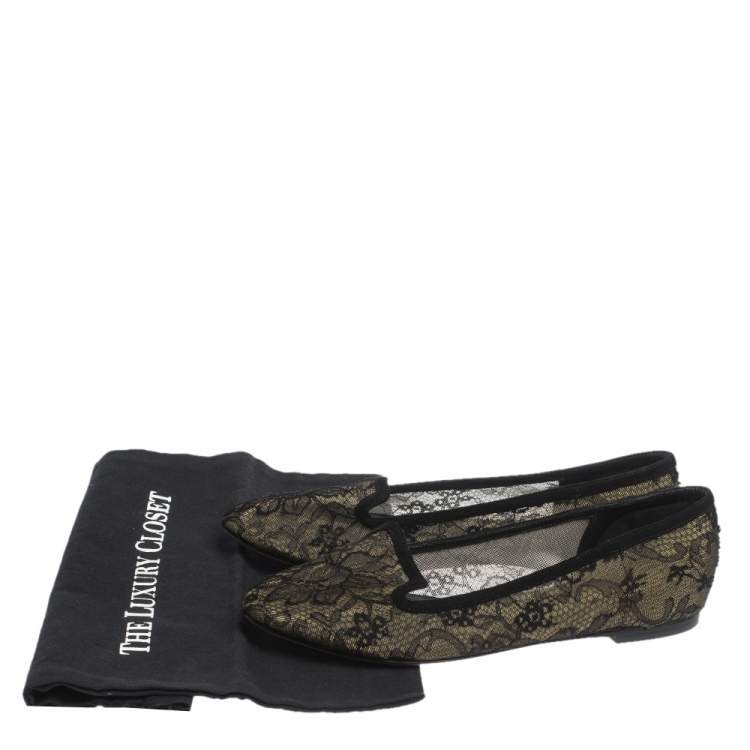 Pre Owned Dolce & Gabbana Black Lace And Suede Trim Ballet Flats Size 39
