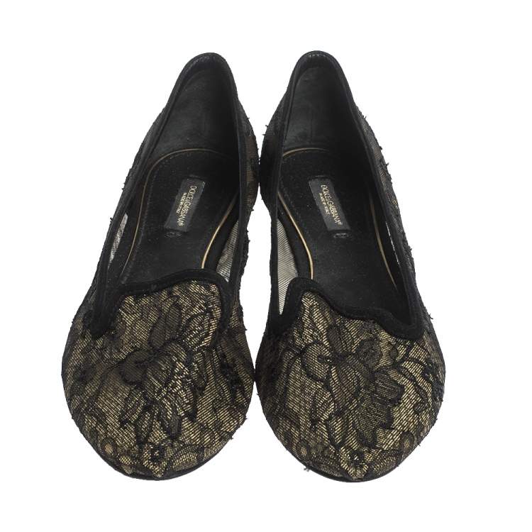 Pre Owned Dolce & Gabbana Black Lace And Suede Trim Ballet Flats Size 39