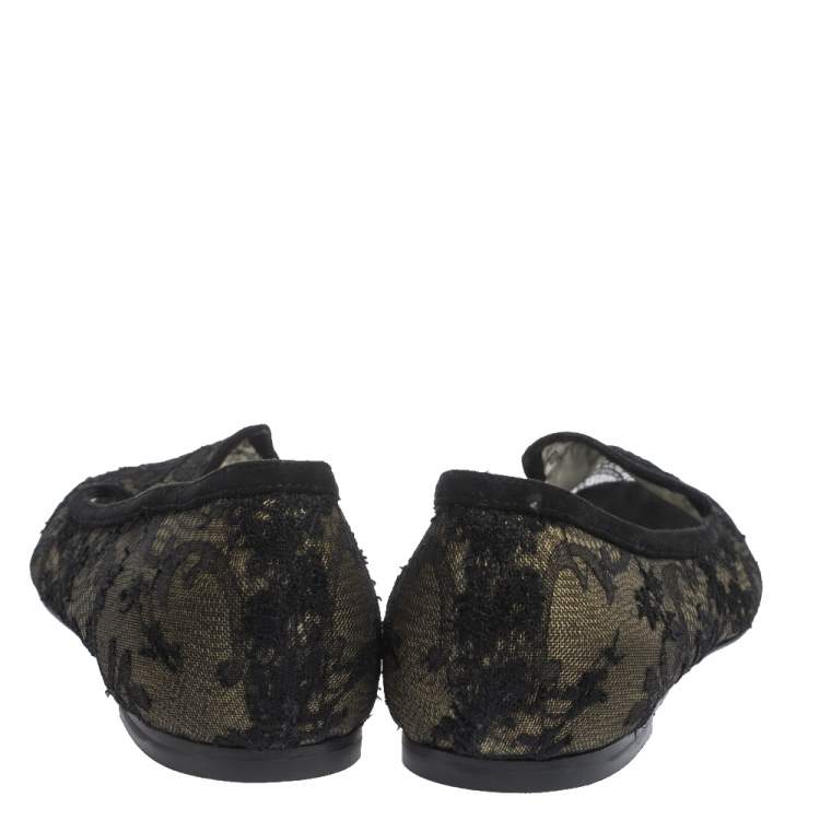 Pre Owned Dolce & Gabbana Black Lace And Suede Trim Ballet Flats Size 39