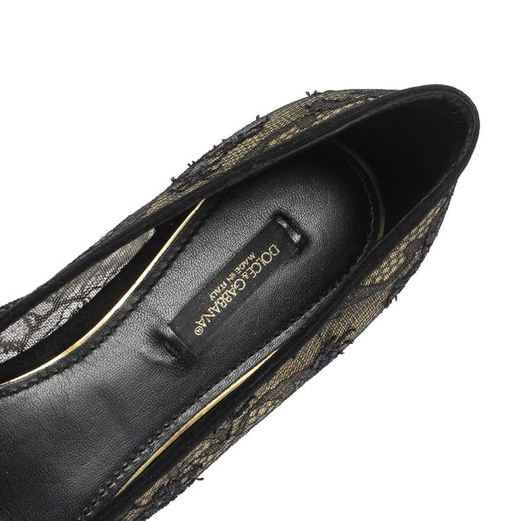 Pre Owned Dolce & Gabbana Black Lace And Suede Trim Ballet Flats Size 39