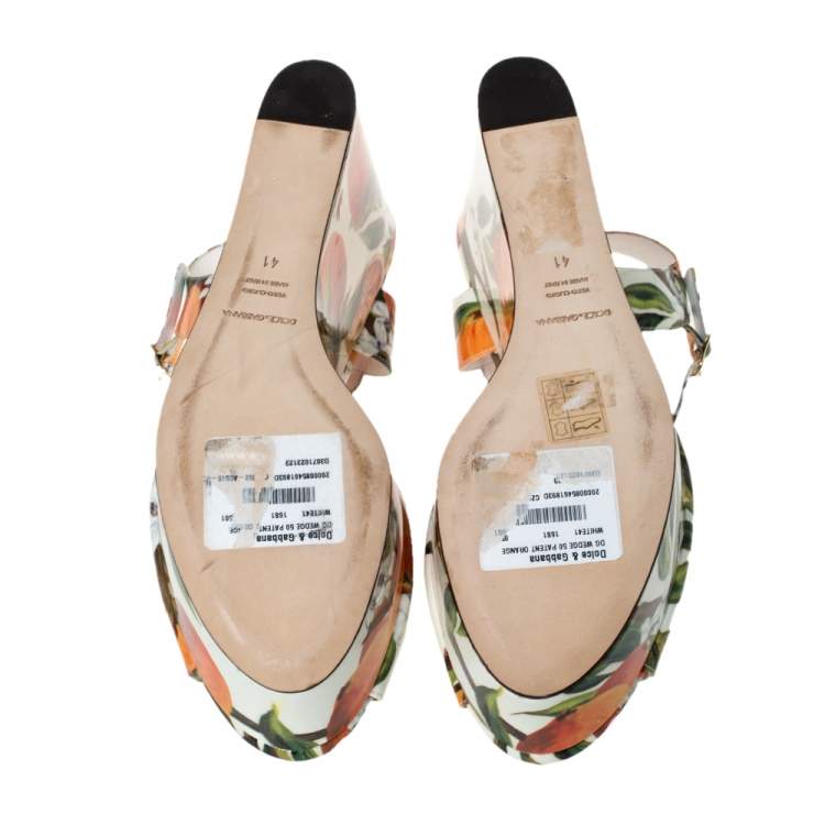 Pre Owned Dolce & Gabbana Orange Print Patent Leather Ankle Strap Platform Wedge Sandals Size 41
