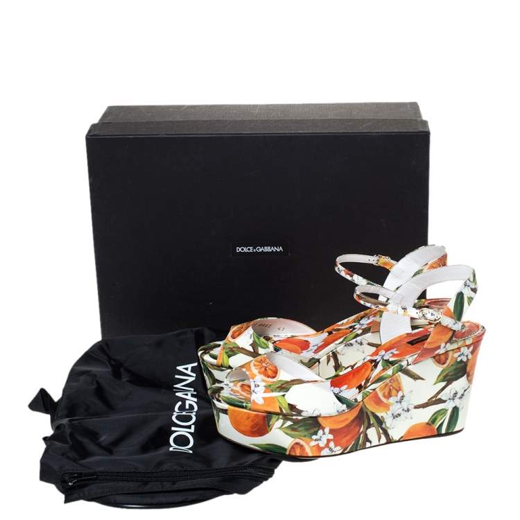 Pre Owned Dolce & Gabbana Orange Print Patent Leather Ankle Strap Platform Wedge Sandals Size 41