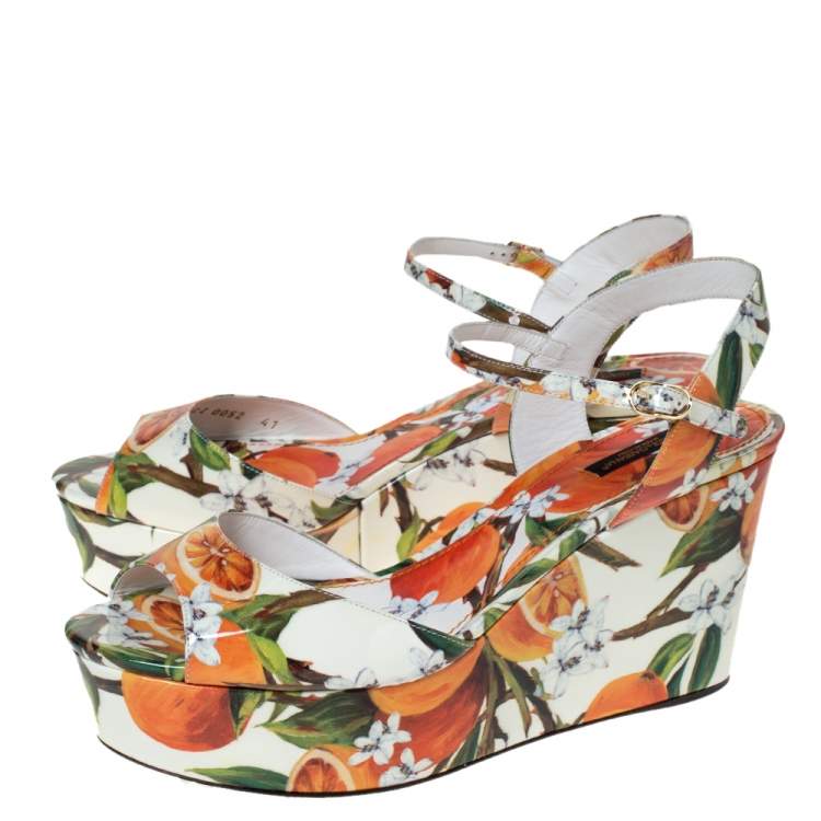 Pre Owned Dolce & Gabbana Orange Print Patent Leather Ankle Strap Platform Wedge Sandals Size 41