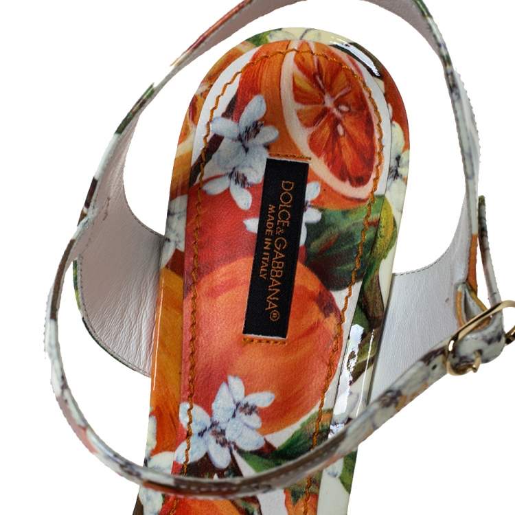 Pre Owned Dolce & Gabbana Orange Print Patent Leather Ankle Strap Platform Wedge Sandals Size 41
