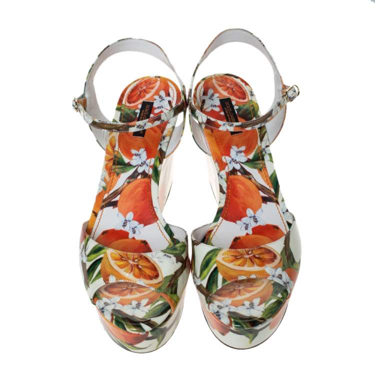 Pre Owned Dolce & Gabbana Orange Print Patent Leather Ankle Strap Platform Wedge Sandals Size 41