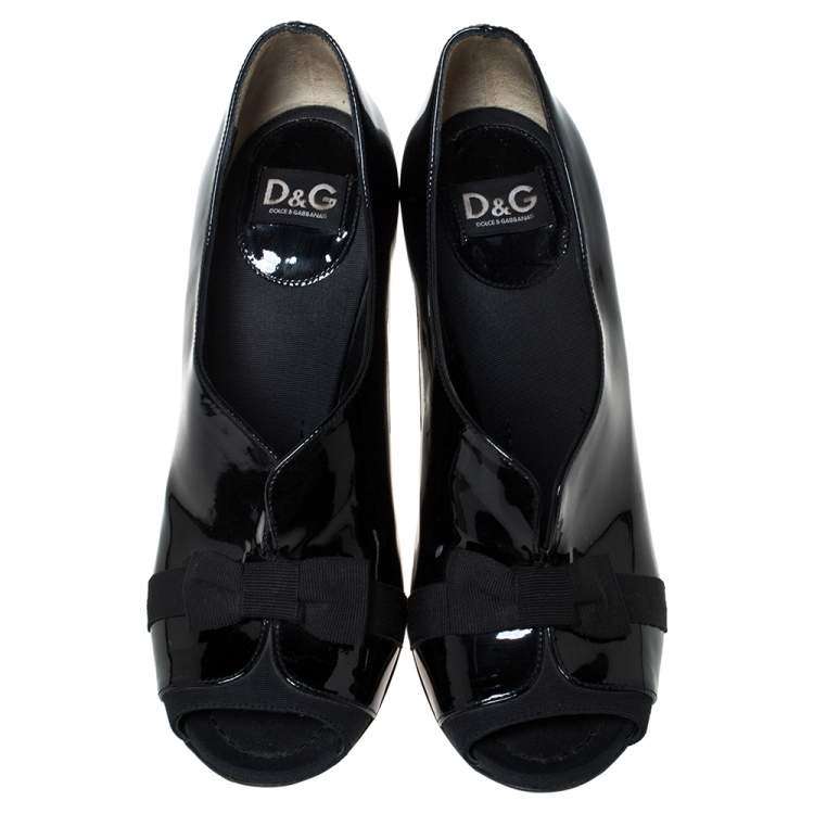 Pre Owned Dolce & Gabbana Black Patent And Grosgrain Bow Peep Toe Pumps Size 38