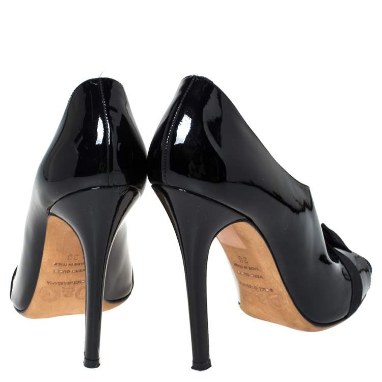 Pre Owned Dolce & Gabbana Black Patent And Grosgrain Bow Peep Toe Pumps Size 38