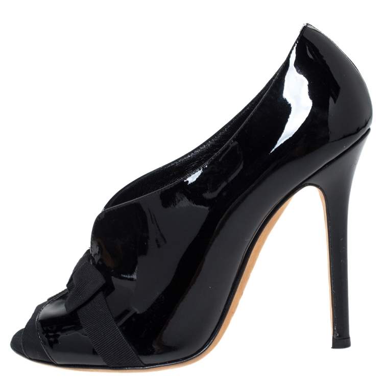 Pre Owned Dolce & Gabbana Black Patent And Grosgrain Bow Peep Toe Pumps Size 38