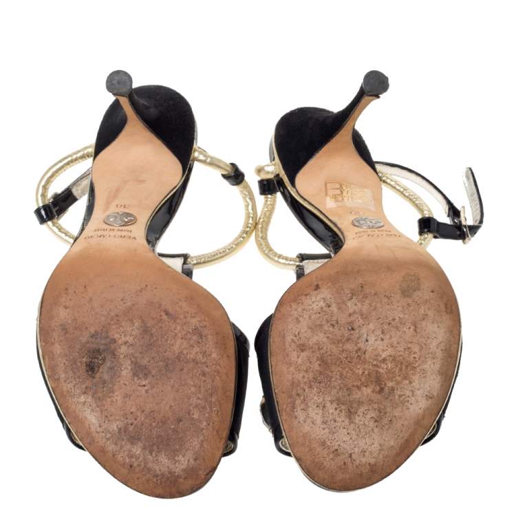 Pre Owned Dolce & Gabbana Black Patent Leather And Fabric Crystal Embellished Slingback Sandals Size 38