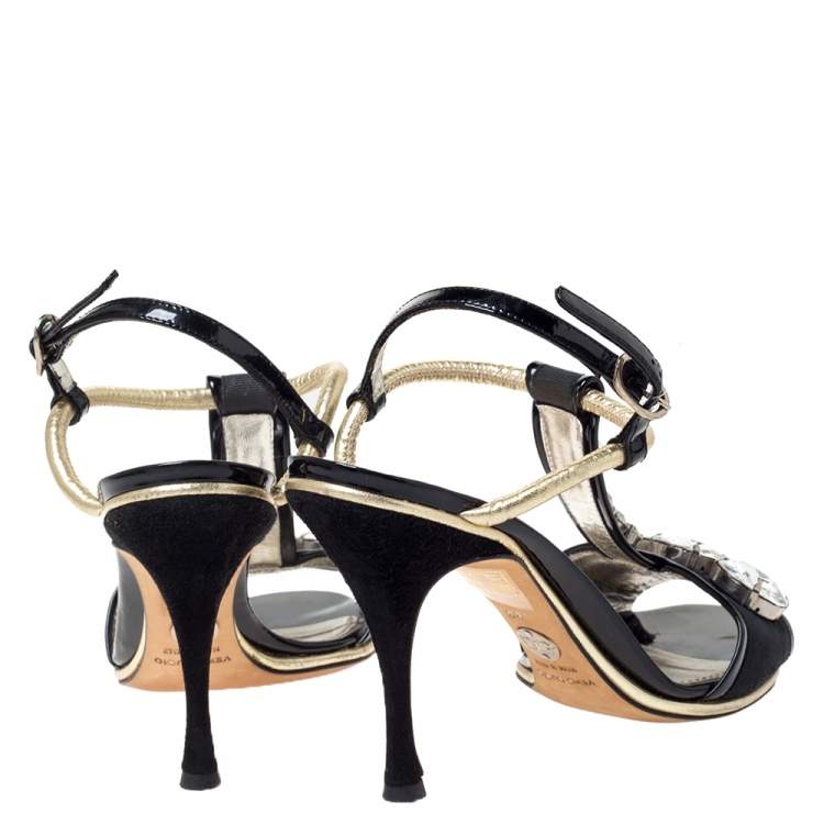 Pre Owned Dolce & Gabbana Black Patent Leather And Fabric Crystal Embellished Slingback Sandals Size 38
