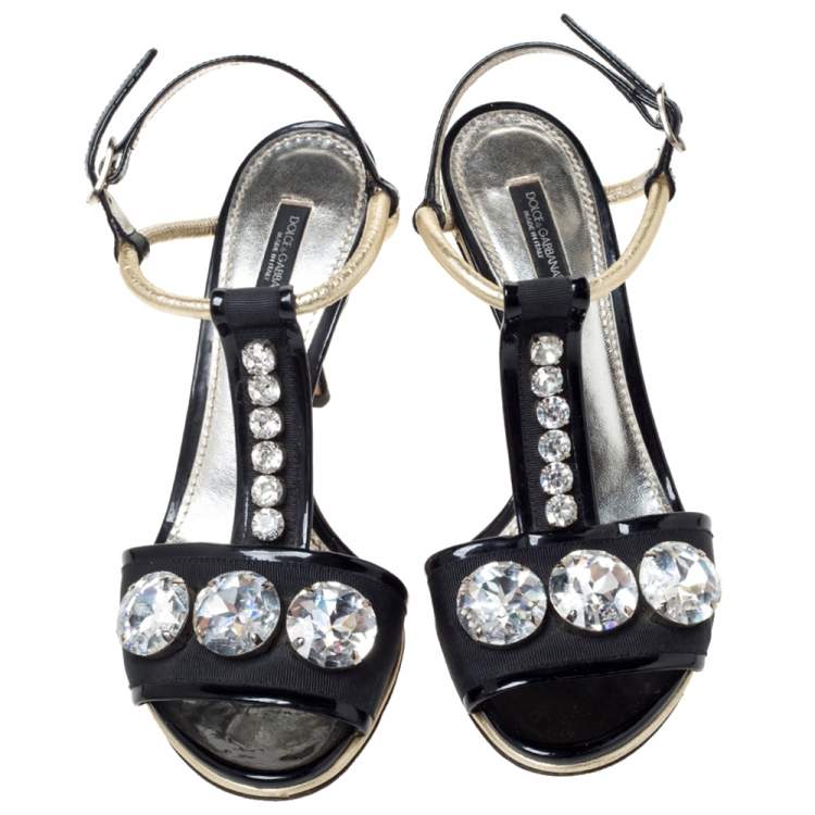 Pre Owned Dolce & Gabbana Black Patent Leather And Fabric Crystal Embellished Slingback Sandals Size 38