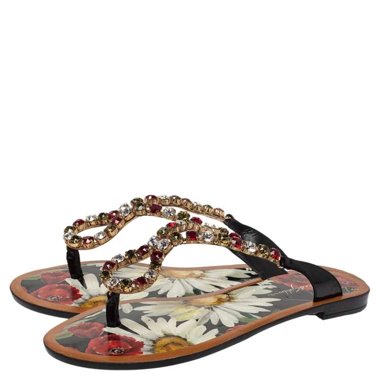 Pre Owned Dolce & Gabbana Multicolor Crystal Embellished Patent Leather Thong Slides Size 38