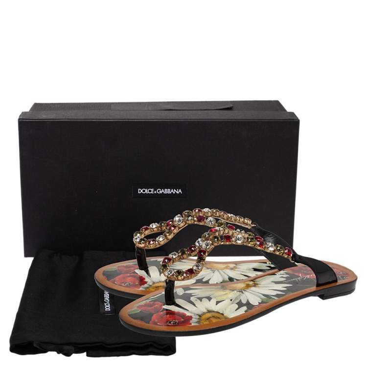 Pre Owned Dolce & Gabbana Multicolor Crystal Embellished Patent Leather Thong Slides Size 38