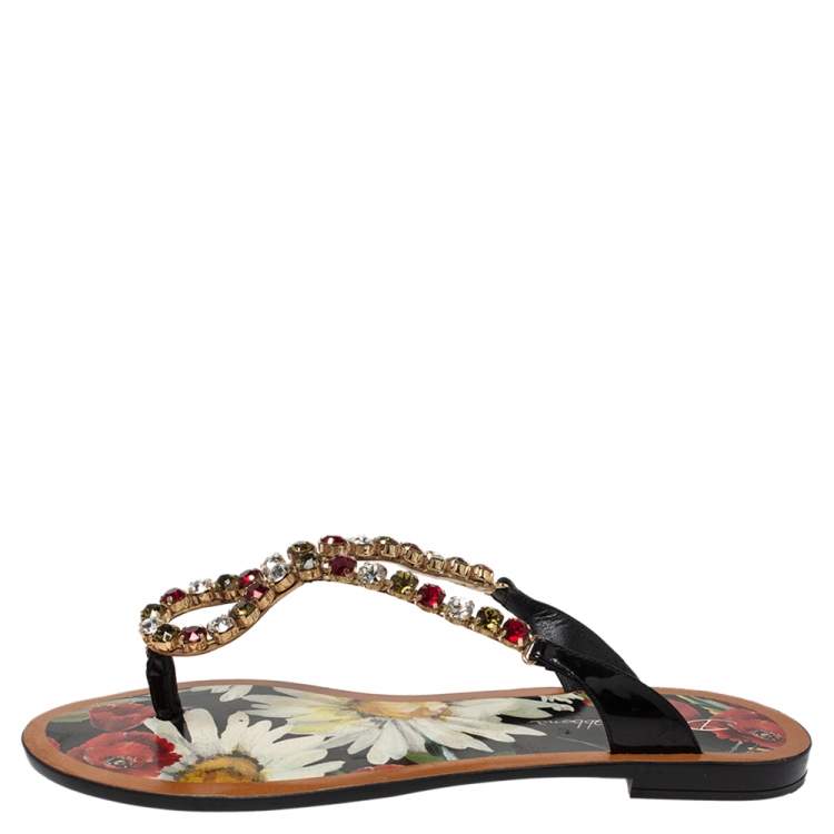 Pre Owned Dolce & Gabbana Multicolor Crystal Embellished Patent Leather Thong Slides Size 38
