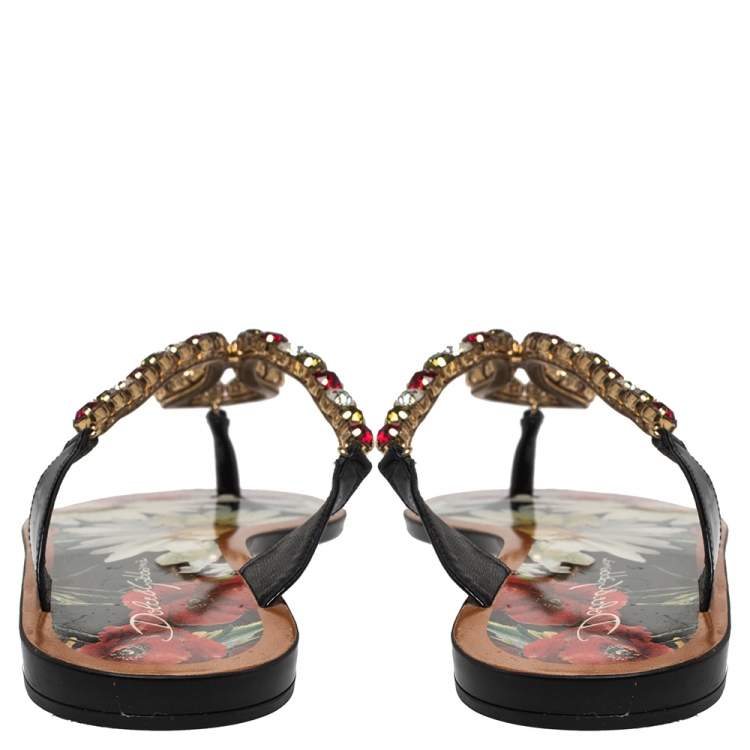 Pre Owned Dolce & Gabbana Multicolor Crystal Embellished Patent Leather Thong Slides Size 38