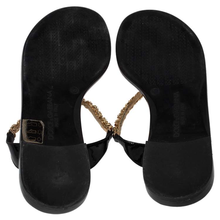 Pre Owned Dolce & Gabbana Multicolor Crystal Embellished Patent Leather Thong Slides Size 38