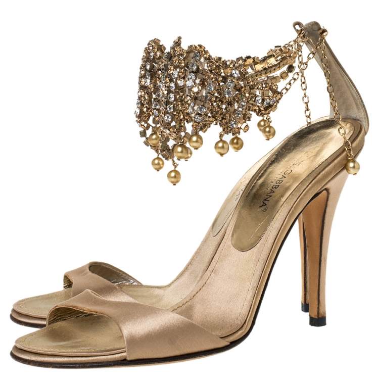 Pre Owned Dolce & Gabbana Beige Satin Crystal Embellished Ankle Strap Sandals Size 36