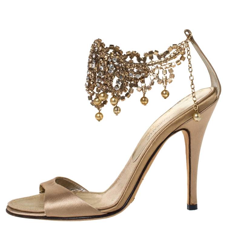 Pre Owned Dolce & Gabbana Beige Satin Crystal Embellished Ankle Strap Sandals Size 36