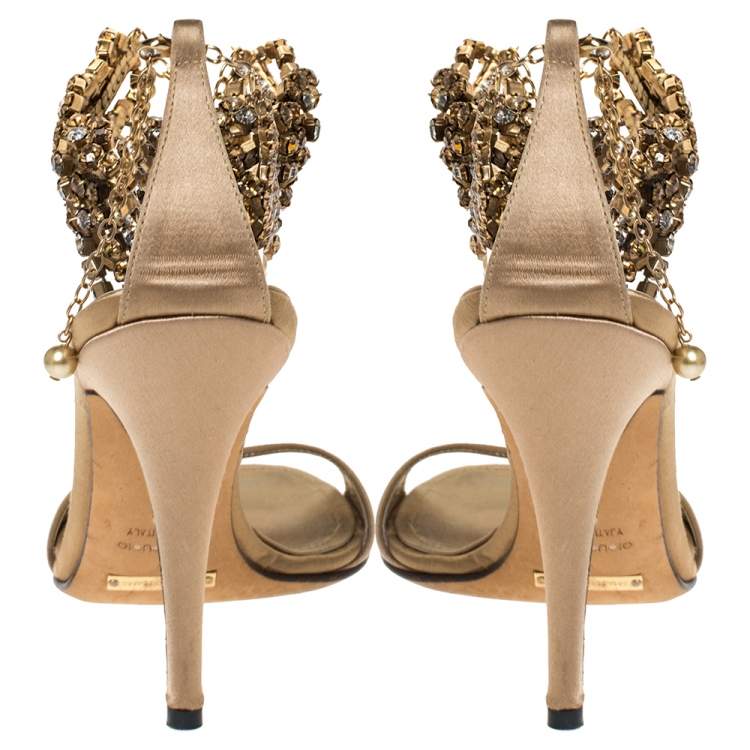 Pre Owned Dolce & Gabbana Beige Satin Crystal Embellished Ankle Strap Sandals Size 36