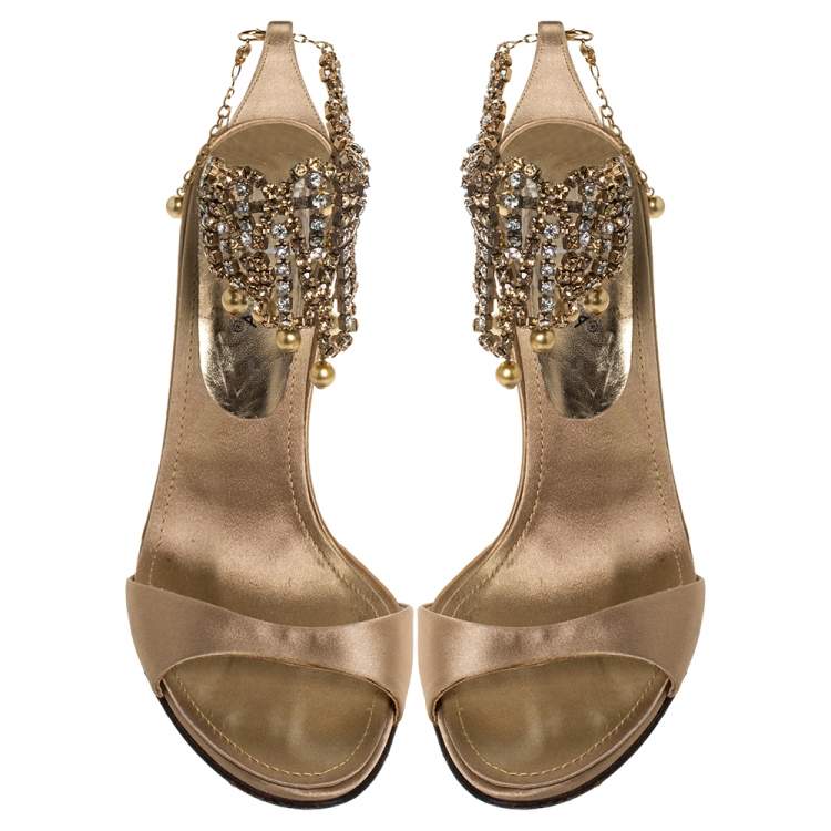Pre Owned Dolce & Gabbana Beige Satin Crystal Embellished Ankle Strap Sandals Size 36