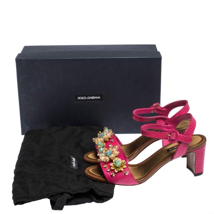 Pre Owned Dolce & Gabbana Lizard Embossed Leather Crystal Embellished Ankle Strap Sandals Size 37