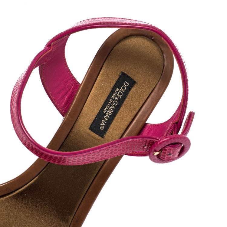Pre Owned Dolce & Gabbana Lizard Embossed Leather Crystal Embellished Ankle Strap Sandals Size 37