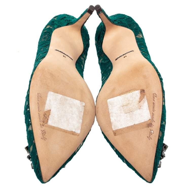 Pre Owned Dolce & Gabbana Green Lace Bellucci Crystal Embellished Pumps Size 41