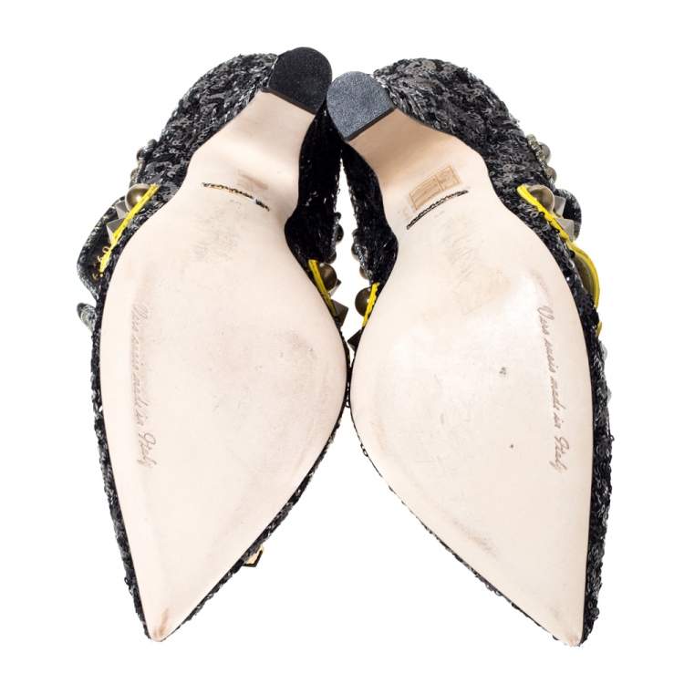 Pre Owned Dolce & Gabbana Black Sequins And Leather Embellished Mary Jane Pumps Size 40