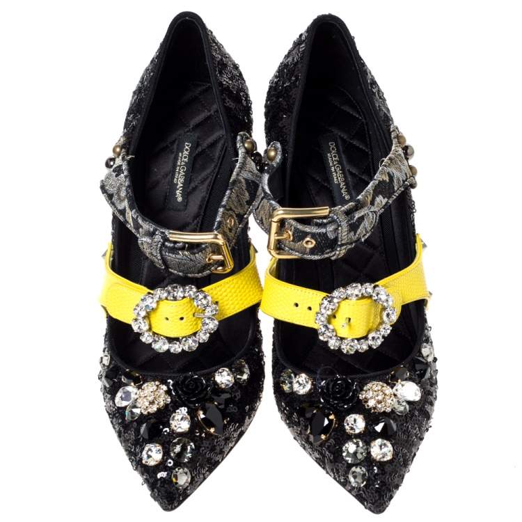 Pre Owned Dolce & Gabbana Black Sequins And Leather Embellished Mary Jane Pumps Size 40