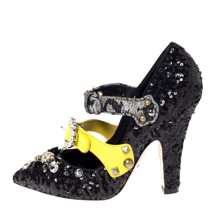 Pre Owned Dolce & Gabbana Black Sequins And Leather Embellished Mary Jane Pumps Size 40
