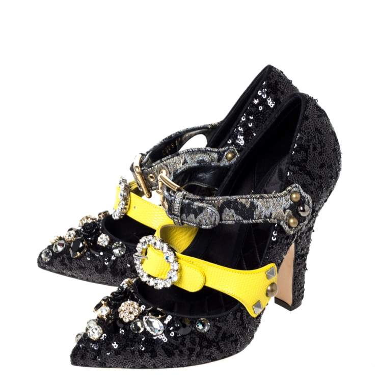 Pre Owned Dolce & Gabbana Black Sequins And Leather Embellished Mary Jane Pumps Size 40