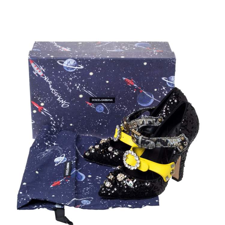 Pre Owned Dolce & Gabbana Black Sequins And Leather Embellished Mary Jane Pumps Size 40
