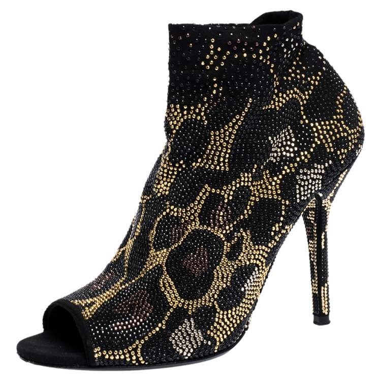 Pre Owned Dolce & Gabbana Black Stretch Fabric Metal Rhinestone Embellished Ankle Booties Size 38