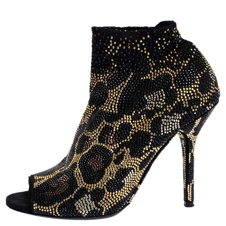 Pre Owned Dolce & Gabbana Black Stretch Fabric Metal Rhinestone Embellished Ankle Booties Size 38