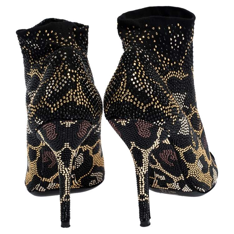 Pre Owned Dolce & Gabbana Black Stretch Fabric Metal Rhinestone Embellished Ankle Booties Size 38