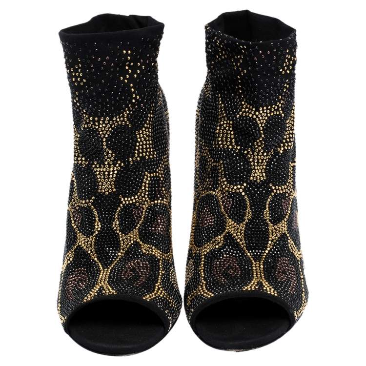 Pre Owned Dolce & Gabbana Black Stretch Fabric Metal Rhinestone Embellished Ankle Booties Size 38