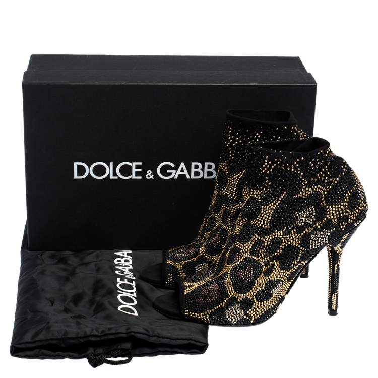 Pre Owned Dolce & Gabbana Black Stretch Fabric Metal Rhinestone Embellished Ankle Booties Size 38