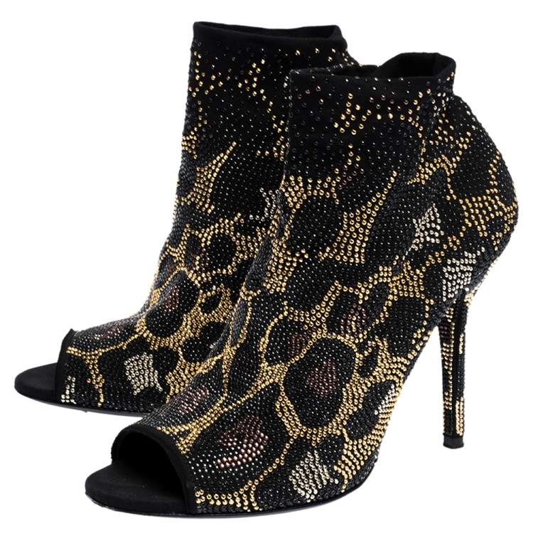 Pre Owned Dolce & Gabbana Black Stretch Fabric Metal Rhinestone Embellished Ankle Booties Size 38